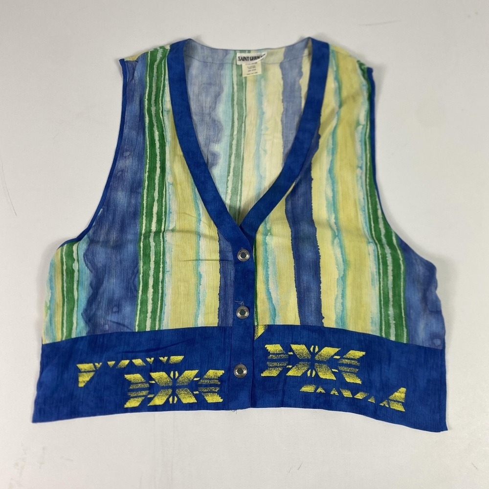 Vintage SAINT GERMAIN Vest Womens XL Blue Striped Viscose Snap Collarless